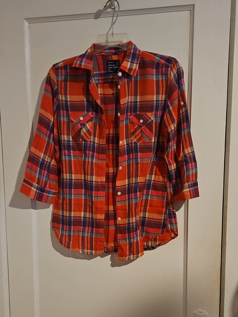 American Eagle Outfitters Orange Plaid Button-Down Shirt Size Small